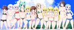  aqua_eyes aqua_hair bad_id bad_pixiv_id bikini black_hair blonde_hair blue_eyes blush breasts brown_hair child flat_chest frilled_bikini frills front-tie_top glasses green_hair highres holding_hands lineup long_hair lowleg medium_breasts multiple_girls navel noto_(soranoto) original red_eyes revision short_hair side-tie_bikini small_breasts striped striped_bikini striped_swimsuit submerged swimsuit twintails underboob wavy_hair white_hair 