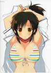  armpits arms_up asuka_(senran_kagura) bikini breasts brown_eyes brown_hair cleavage dress_shirt front-tie_top highres large_breasts multicolored multicolored_bikini multicolored_clothes multicolored_stripes ribbon scan scarf senran_kagura senran_kagura_shoujo-tachi_no_shin'ei shirt solo striped swimsuit underboob yaegashi_nan 