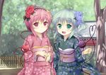  ahoge alternate_costume alternate_hairstyle bad_id bad_pixiv_id blue_flower blue_rose flower green_hair hair_flower hair_ornament hairband japanese_clothes kimono komeiji_koishi komeiji_satori light_smile looking_at_viewer multiple_girls pink_eyes pink_hair rasahan red_flower red_rose rose short_hair siblings sisters smile third_eye touhou upper_body 