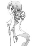  ass bikini blush breasts covering covering_breasts drill_hair greyscale hair_ornament mahou_shoujo_madoka_magica medium_breasts monochrome profile side-tie_bikini solo swimsuit tomoe_mami topless twin_drills twintails untied urase_shioji 