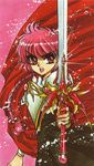  90s armor armored_dress braid cape clamp dress left-handed long_hair magic_knight_rayearth official_art pink_background red red_cape red_eyes red_hair scan school_uniform serious shidou_hikaru solo sword weapon 