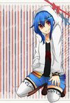  alternate_costume blue_hair boots bow contemporary cross-laced_footwear hair_ornament hairclip hinanawi_tenshi hood hooded_jacket hyou_haku jacket knee_boots lace-up_boots no_nose open_clothes open_jacket red_eyes shorts smile solo striped striped_background thighhighs touhou white_legwear 