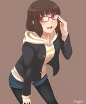  adjusting_eyewear amagami bent_over bespectacled black_legwear brown_eyes brown_hair denim denim_shorts glasses hood hoodie legwear_under_shorts open_mouth pantyhose red-framed_eyewear short_hair shorts smile solo tanaka_keiko toki_(tokihakashi) 