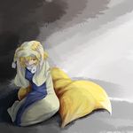  blonde_hair breasts cowering dress fang fox_tail hand_on_headwear hand_on_own_head hat highres medium_breasts open_mouth sad sherumaa_(shellmound) short_hair simple_background sitting solo tabard tail tears touhou wariza yakumo_ran yellow_eyes 