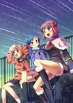  amami_haruka blue_hair bon_(moegomi) brown_hair hair_ribbon idolmaster idolmaster_(classic) kisaragi_chihaya multiple_girls orange_hair purple_eyes ribbon scarf short_hair takatsuki_yayoi twintails yellow_eyes 