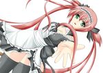  airi airi_(queen's_blade) breasts cleavage green_eyes long_hair maid maid_headdress miyaman outstretched_hand red_hair ribbon thighhighs twintails 
