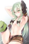  2018 blush breasts clothed clothing convenient_censorship elf eyelashes female goblin_slayer green_eyes green_hair hair hair_covering_breasts hair_ribbon high_elf_archer humanoid not_furry piyoizm pointy_ears ribbons shorts small_breasts solo topless 