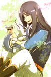  black_hair boots closed_eyes dog long_hair male_focus namino_kokoro pants puppy repede smile solo tales_of_(series) tales_of_vesperia yuri_lowell 