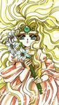  90s blonde_hair circlet clamp dress emeraude_(rayearth) flower gem green_eyes lily_(flower) long_hair magic_knight_rayearth official_art scan solo very_long_hair 