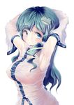  absurdres armpits arms_behind_head arms_up blue_eyes breasts detached_sleeves frog green_hair hair_ornament hair_tubes highres kochiya_sanae kose_takashi large_breasts long_hair nipples no_bra see-through solo touhou upper_body wet wet_clothes 