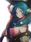  bad_id bad_pixiv_id bare_shoulders blue_eyes blue_hair breasts front_ponytail hat large_breasts long_hair magi_the_labyrinth_of_magic s-kura sideboob simple_background solo staff witch_hat yamuraiha 