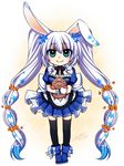  absurdly_long_hair animal_ears aqua_eyes artist_self-insert bow breasts bunny_ears cleavage dress fictional_persona full_body konshin long_hair multi-tied_hair original pixiv-tan small_breasts smile solo thighhighs very_long_hair white_hair 