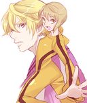  1girl blonde_hair bodysuit bruce_lee's_jumpsuit doramukanotoko huang_baoling ivan_karelin jacket letterman_jacket orange_bodysuit purple_eyes purple_jacket short_hair tiger_&amp;_bunny 