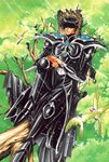  90s animal animal_on_shoulder armor bird bird_on_shoulder black_armor black_hair boots cape clamp full_body lantis_(rayearth) magic_knight_rayearth male_focus official_art pants scan sitting solo tree 