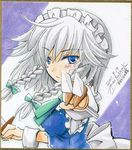  2011 between_fingers blue_eyes braid dated foreshortening izayoi_sakuya knife looking_at_viewer maid maid_headdress marker_(medium) photo shikishi short_hair signature solo touhou traditional_media tsukasaki_aoi twin_braids 