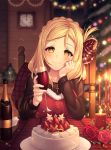  1girl black_shirt blonde_hair blush bottle braid cake candle candlelight chair chin_rest christmas christmas_tree clock commentary_request cross cross_necklace crown_braid cup drinking_glass flower food fur_trim hair_ribbon hair_rings highres holding holding_cup indoors jewelry kyouou_ena long_hair long_sleeves looking_at_viewer love_live! love_live!_school_idol_festival love_live!_sunshine!! merry_christmas necklace ohara_mari plaid plaid_ribbon pov_across_table red_flower red_rose ribbon rose shirt sitting smile solo sparkle wall_clock wine_bottle wine_glass 