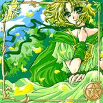  blonde_hair cape choker dress flower green green_eyes hououji_fuu lowres magic_knight_rayearth oekaki pentagram petals seiga_mitsuki short_hair smile solo 