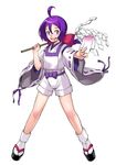  ahoge artist_request bakumatsu_rouman bare_legs full_body gohei ichijou_akari japanese_clothes official_art onmyouji oonusa ponytail purple_eyes purple_hair sandals shikigami short_hair shorts simple_background smile snk solo white_background 