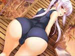  all_fours ass ass_focus blush from_behind game_cg highres komori_kei lisa_eostre long_hair looking_back one-piece_swimsuit purple_hair red_eyes ribbon school_swimsuit swimsuit twintails walkure_romanze 