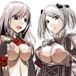  2girls alisa_ilinichina_amiella areolae arisa_iriinchina_amieera blush breasts breasts_out breasts_outside character_request ciel_(god_eater_2) ciel_alencon erect_nipples female god_eater god_eater_2 god_eater_2:_rage_burst grey_hair long_hair lowres multiple_girls nipples no_bra open_mouth pink_hair simple_background sketch smile twintails 