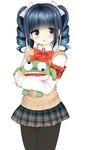  albertina_the_2nd armband black_eyes black_legwear blue_hair blush bow d: drill_hair hair_bow highres himegoto open_mouth pantyhose school_uniform short_hair skirt solo stuffed_animal stuffed_toy sweater_vest tsukudani_norio twin_drills twintails vest 