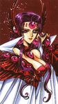  90s alcyone_(rayearth) breasts clamp cloak earrings facial_mark forehead_mark gem headgear jewelry large_breasts long_hair magic_knight_rayearth official_art purple_eyes purple_hair scan smile solo 
