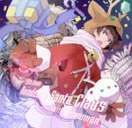  1girl :o animal_hat antlers beard bell coat confetti facial_hair gift gloves glowing glowing_eyes green_eyes hat jingle_bell old_man original red_eyes santa_claus scar snowman stregoicavar thighhighs white_hair zettai_ryouiki zipper 