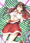  1girl alternate_costume belt bikini black_hair breasts christmas eyebrows_visible_through_hair gift hair_between_eyes hair_ornament hairclip haruna_(kantai_collection) kantai_collection kyougoku_touya long_hair looking_at_viewer lying on_back santa_costume santa_dress shoes solo swimsuit white_bikini 