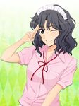  amagami black_eyes black_hair grin kishida-shiki maid_headdress messy_hair one_eye_closed salute smile solo tanamachi_kaoru 