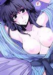  black_eyes black_hair breasts cosaten from_above heart japanese_clothes large_breasts looking_at_viewer lying on_back on_bed open_clothes school_rumble solo spoken_heart suou_mikoto sweat 