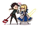  1girl ahoge armor artoria_pendragon_(all) black_hair blonde_hair blush_stickers brush chibi excalibur fate/zero fate_(series) glowing glowing_weapon green_eyes invisible_air lancer_(fate/zero) mole mole_under_eye paint paintbrush saber sparkle sword thumbs_up trim_brush verus weapon yellow_eyes 