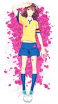  bad_id bad_pixiv_id brown_hair flower flower_bed highres inazuma_eleven_(series) inazuma_eleven_go lying male_focus petals pink_eyes pink_flower pink_rose rose rose_petals rozer shindou_takuto shoes sneakers soccer_uniform socks solo sportswear 