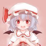  ascot bad_hands bat_wings blue_hair blush dress hands_on_own_chest hat hat_ribbon open_mouth pink_dress red_eyes remilia_scarlet ribbon shize_(coletti) short_hair smile solo touhou upper_body wings 