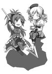  bad_id bad_pixiv_id bare_shoulders beret boots breasts chibi closed_eyes corset cup detached_sleeves drill_hair fingerless_gloves frills gloves greyscale hat long_hair magical_girl mahou_shoujo_madoka_magica medium_breasts monochrome multiple_girls open_mouth pleated_skirt polearm renji_(orange_ize) sakura_kyouko sitting skirt small_breasts smile spear teacup thighhighs tomoe_mami weapon 