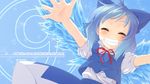  1girl blue_hair blush bow cirno closed_eyes english grin hair_bow highres ice ice_wings neck_ribbon outstretched_arms outstretched_hand ribbon senhaku short_hair skirt skirt_set smile solo touhou upper_body wings 