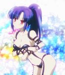  1girl arm_grab blue_hair blush breasts brown_eyes bustier cap cleavage cube_x_cursed_x_curious female garters latex leaning_forward long_hair looking_at_viewer navel panties ponytail purple_hair red_eyes screencap solo source_request spikes ueno_kirika underwear 