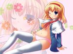  alice_margatroid arm_support blonde_hair blue_eyes breasts capelet frills hairband highres liya medium_breasts midriff no_pants one_eye_closed open_clothes open_shirt panties pink_panties shirt sitting solo thighhighs touhou underwear white_legwear zoom_layer 