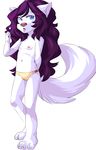  blue_eyes breasts canine cub female nipples pink_nose purple_hair solo tail topless young yttrium 