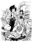  3girls annie_berton bird cafe closed_eyes cup frederic_laroche greyscale magazine matsuda_(matsukichi) monochrome multiple_girls necktie newspaper original paper ribbon short_hair sylvie_bonheur table tori_(matsuda_(matsukichi)) tray waitress watch wristwatch yvette_martin 