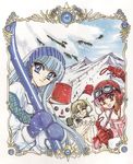  90s ^_^ blonde_hair blue_eyes blue_hair braid clamp closed_eyes coat glasses gloves goggles goggles_on_head hairband hat hououji_fuu long_hair magic_knight_rayearth mountain multiple_girls official_art pink_hair round_eyewear ryuuzaki_umi scan shidou_hikaru short_hair skiing skis smile snow snowman 