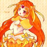  bow brown_hair bubble_skirt character_name choker cure_muse_(yellow) eyelashes hair_bow heart long_hair magical_girl orange_choker orange_hair orange_skirt precure red_eyes riku_manoue shirabe_ako skirt solo suite_precure yellow yellow_background yellow_bow 