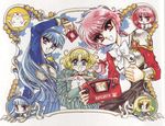  90s arm_up armor blonde_hair blue_eyes blue_hair blue_hairband bow braid chibi clamp glasses green_eyes green_skirt hairband handheld_game_console happy hououji_fuu long_hair magic_knight_rayearth mokona multiple_girls multiple_persona official_art pink_hair red_eyes ribbon round_eyewear ryuuzaki_umi scan school_uniform sega_game_gear shidou_hikaru short_hair skirt video_game 