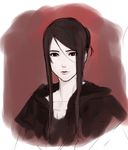  bangs black_eyes brown_hair closed_mouth dark_souls hood hood_down hoodie lips long_hair looking_at_viewer masato_(mirai_koubou) quelaana_of_izalith red_background sidelocks simple_background sketch smile solo souls_(from_software) swept_bangs upper_body 