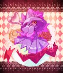  blush chibi cute heart lace looking_at_viewer magical-429 mismagius multicolored_background nintendo no_humans one_eye_closed open_mouth pixiv pok&#233;mon pokemon pose purple_body red_eyes smile solo video_games wink 