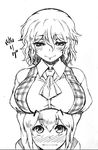  antennae ascot bangs blush breast_rest breasts breasts_on_head cravat dr.p greyscale kazami_yuuka large_breasts looking_at_viewer monochrome multiple_girls nose_blush plaid plaid_vest short_hair simple_background smile touhou translated upper_body vest white_background wriggle_nightbug yuri 