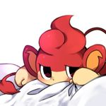  bed bed_sheet blush looking_at_viewer lowres lying no_humans pansear pixiv pokemon red_eyes sheets solo white_background 