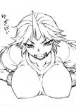  ballpoint_pen_(medium) bracelet breasts collarbone covered_nipples dr.p eyelashes fang greyscale grin horn hoshiguma_yuugi jewelry large_breasts looking_at_viewer monochrome smile solo touhou traditional_media tsurime 