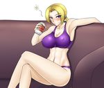  abs alcohol beer blonde_hair blue_eyes blush breasts can cleavage couch covered_nipples crossed_legs do_konjouuo drunk large_breasts legs long_hair long_legs nina_williams panties ponytail sitting solo sports_bra tekken thighs thong toned underwear underwear_only 