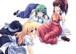  all_fours apron ascot blonde_hair blue_eyes blush bow breasts brown_eyes brown_hair detached_sleeves dress frog frog_hair_ornament green_hair hair_bow hair_ornament hair_tubes hakurei_reimu hat hat_removed hat_ribbon headwear_removed highres kinntarou kirisame_marisa kochiya_sanae long_hair looking_at_viewer lying mary_janes medium_breasts multiple_girls open_mouth red_eyes ribbon shoes short_hair simple_background sitting skirt small_breasts snake touhou wariza white_background white_legwear witch_hat 