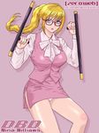  baton bespectacled blue_eyes breasts glasses large_breasts legs lipstick long_hair makeup miniskirt nina_williams office_lady panties pantyshot pinky_out ponytail ribbon side_slit skirt solo tekken thighs tonfa underwear upskirt weapon white_panties zero_hime 